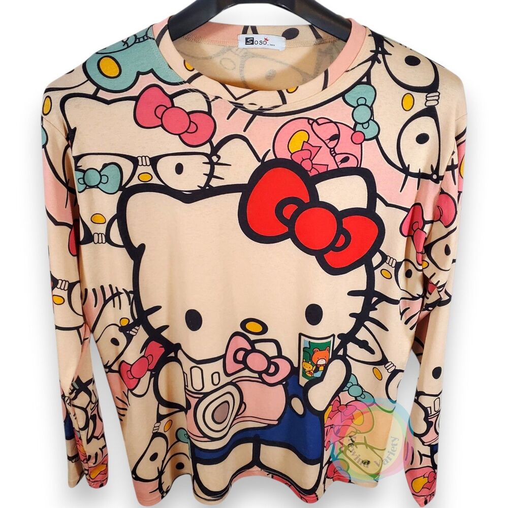 Soso_base Large Hello Kitty All Over Print Long Sleeve Top